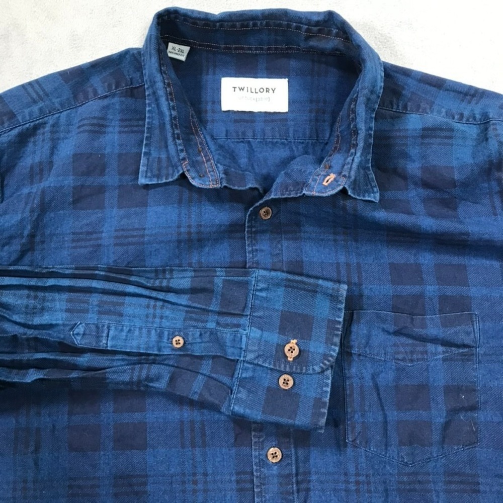 Twillory Shirt Men's XL  Tailored Fit Blue Indigo Plaid Button Up Long Sleeve